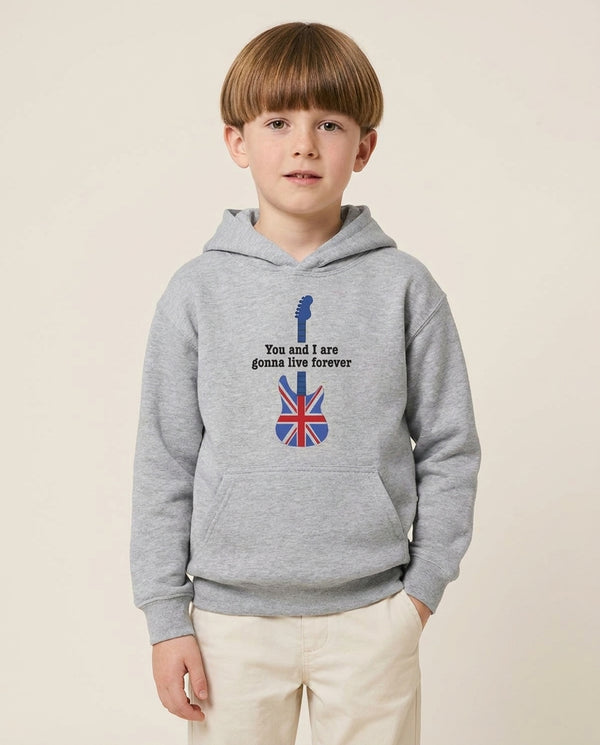 You And I Are Gonna Live Forever Kids Hoodie — Grey Front, worn