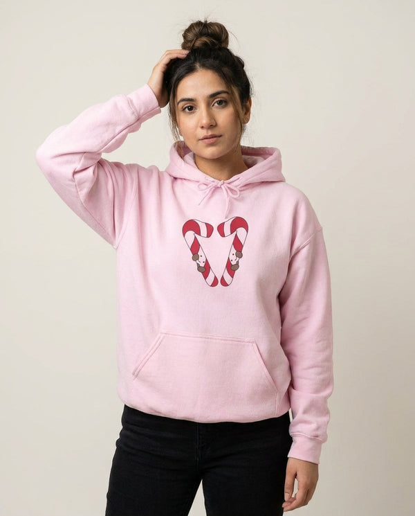 Christmas Candycane Plushies Hoodie — Pink Front, worn
