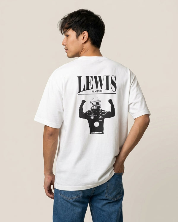 Lewis Red And Gold T-Shirt — White Back, worn