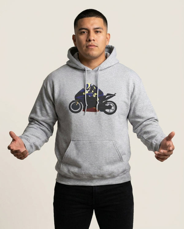 Purple Motorbike - Motorbike Hoodie — Grey Front, worn
