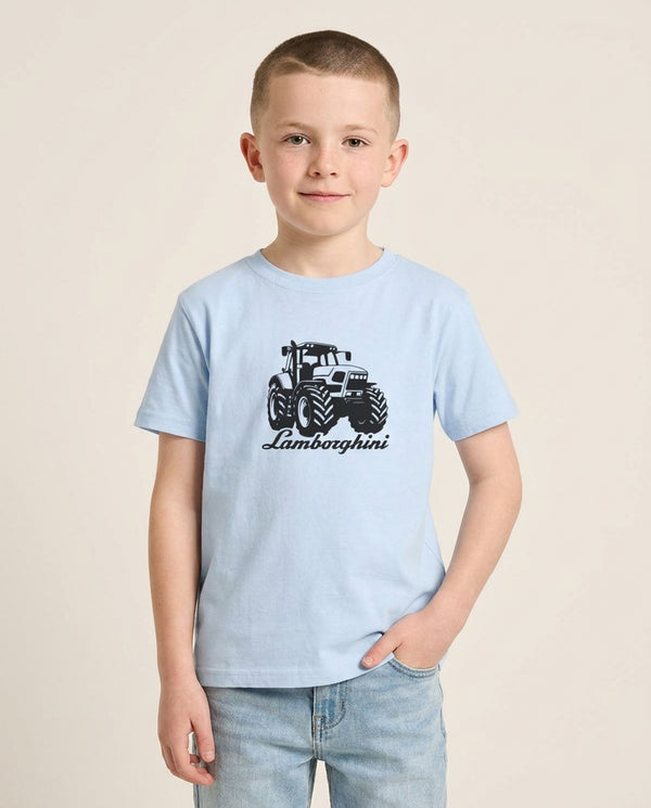 Lambo Tractor Kids T-Shirt — Blue Front, worn