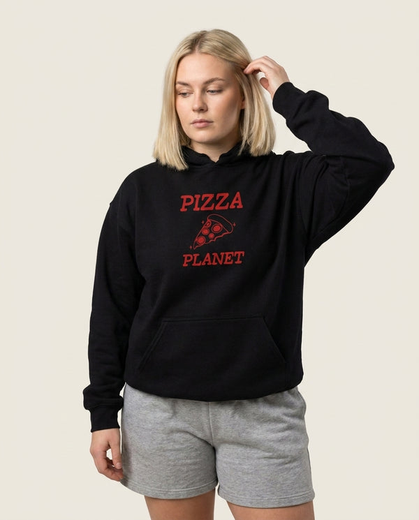 Retro Pizza Planet  Hoodie — Black Front, worn