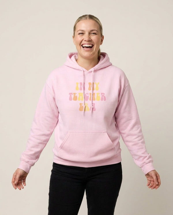 In My Teacher Era Hoodie — Pink Front, worn