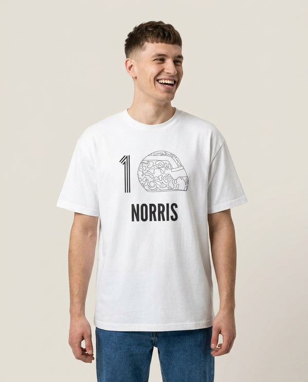 Norris Helmet 2026 T-Shirt — White Front, worn