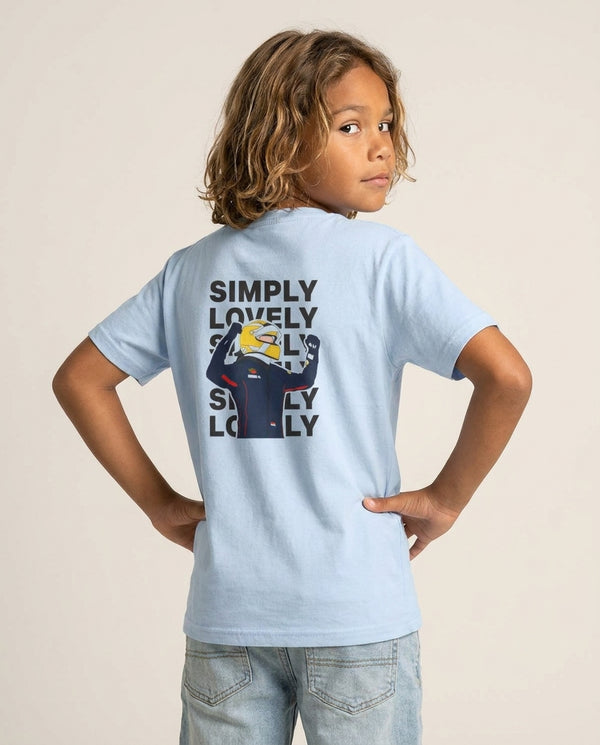 Max Simply Lovely Kids T-Shirt — Blue Back, worn