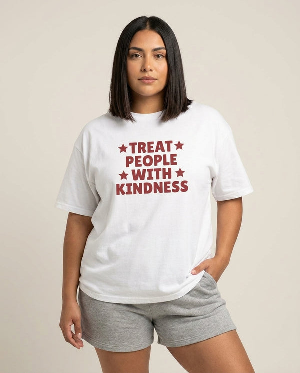 Treat People With Kindness T-Shirt — White Front, worn