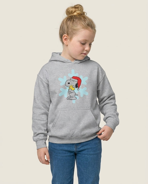 Christmas Cartoon Beagle And Bird  Kids Hoodie — Grey Front, worn