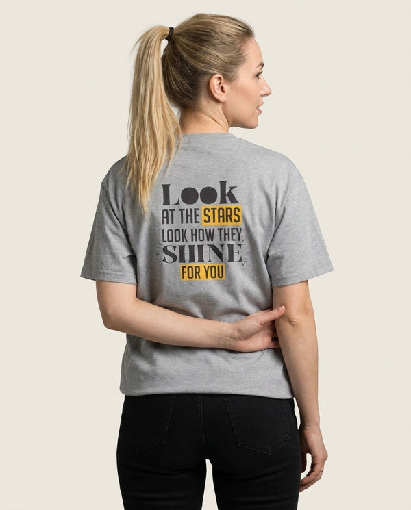Look At The Stars T-Shirt — Grey Back, worn