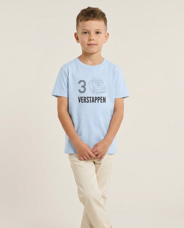 Verstappen Helmet 2026 Kids T-Shirt — Blue Front, worn
