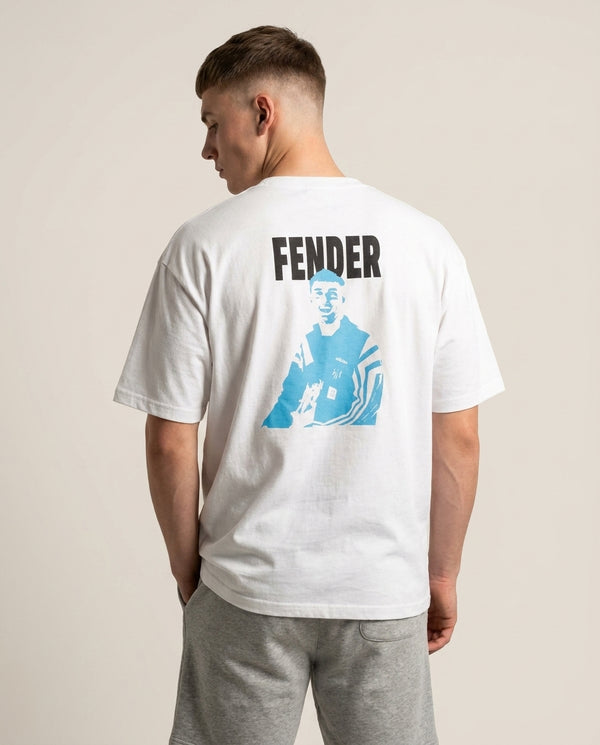 Fender Silhouette Blue T-Shirt — White Back, worn