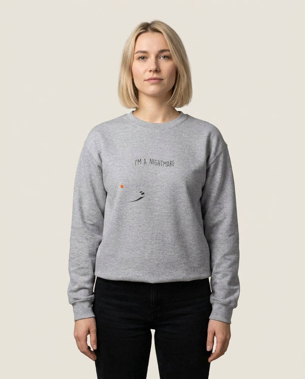 Stripey I'm A Nightmare Sweatshirt — Grey Front, worn