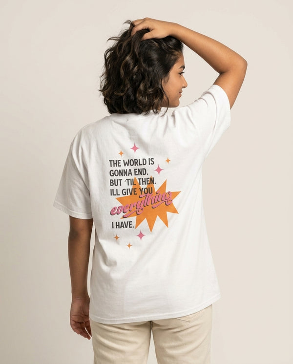 The World Is Gonna End - Fender T-Shirt — White Back, worn