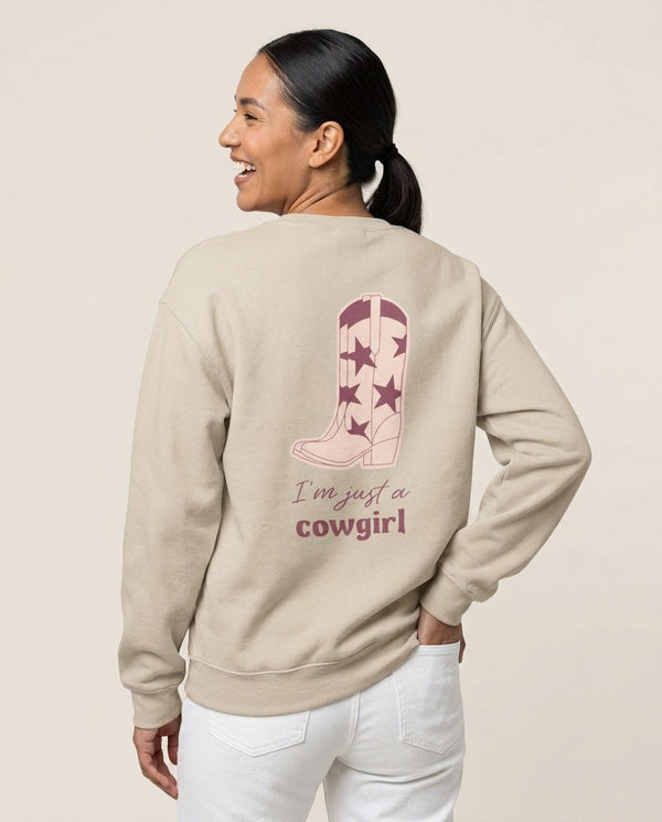 I'm Just A Cowgirl Sweatshirt — Sand Back, worn