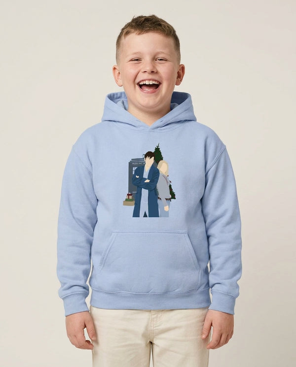 Rose And The Doctor Kids Hoodie — Blue Front, worn