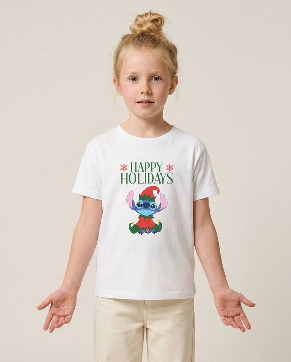 Cute Blue Alien Elf Kids T-Shirt — White Front, worn