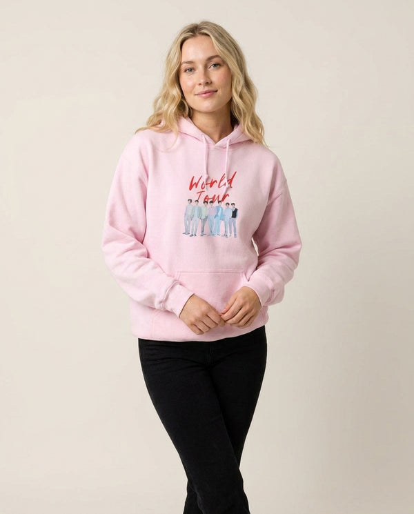 K-Pop Band Pastel Tour Hoodie — Pink Front, worn
