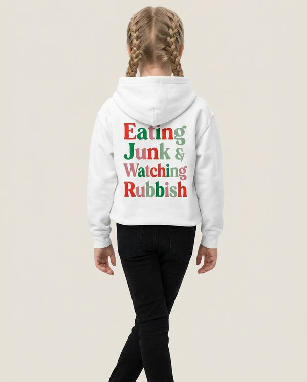 Eating Junk & Watching Rubbish Kids Hoodie White Back, worn