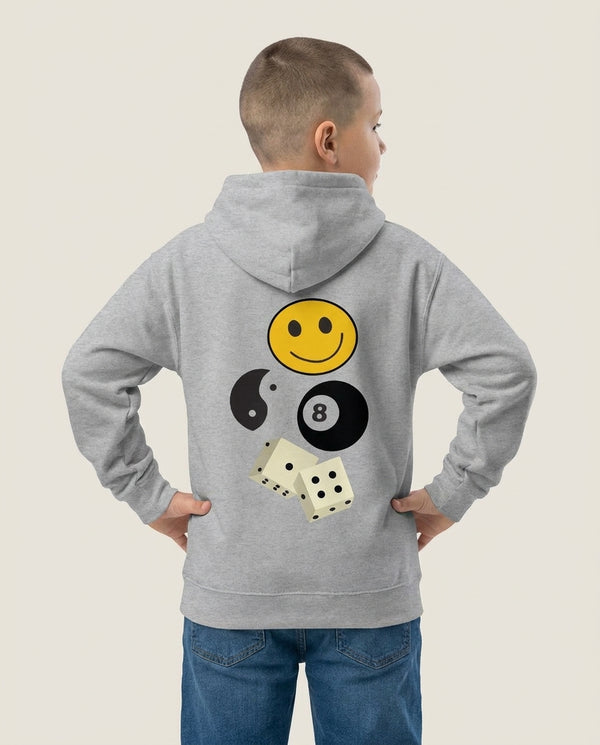 8 Ball Pattern - Skate Aesthetic  Kids Hoodie — Grey Back, worn