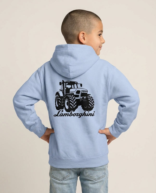Lambo Tractor Kids Hoodie — Blue Back, worn