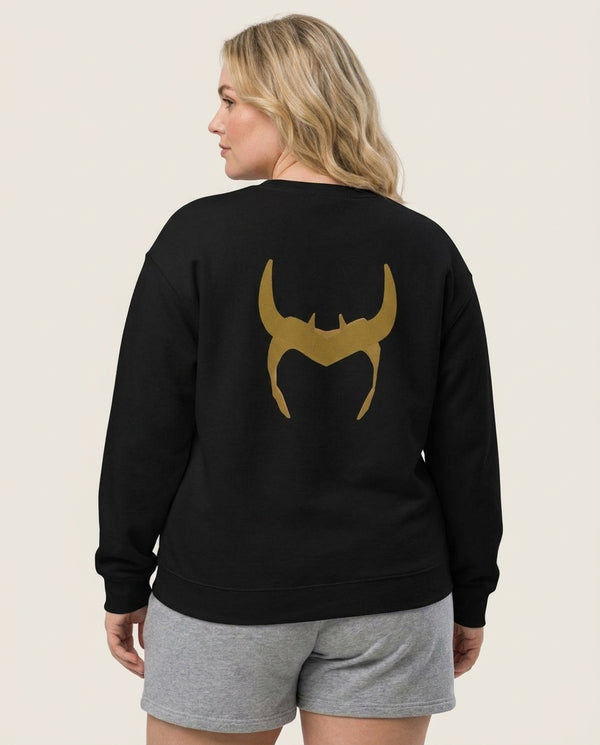 The Horned Helmet Sweatshirt — Black Back, worn