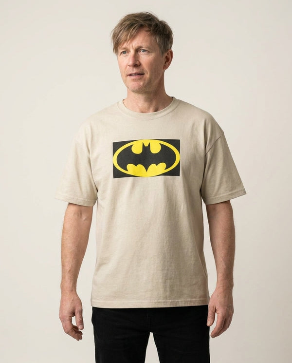 Black Bat Superhero Logo T-Shirt — Sand Front, worn