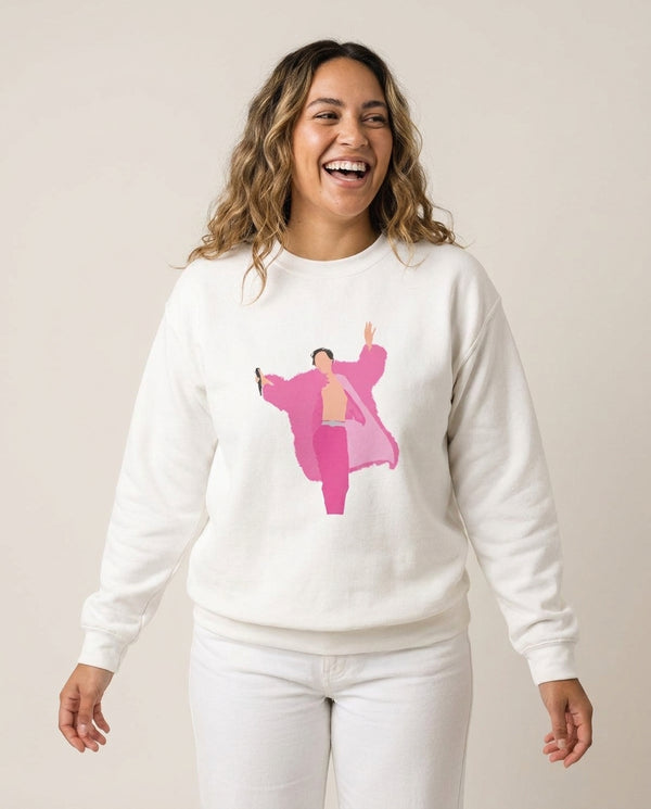 Harry Pink Coat  Sweatshirt — White Front, worn