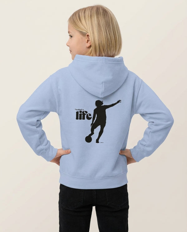 Football Is Life Kids Hoodie — Blue Back, worn