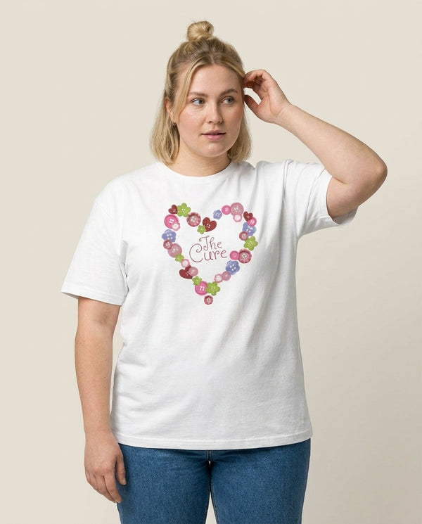 Button Heart T-Shirt — White Front, worn