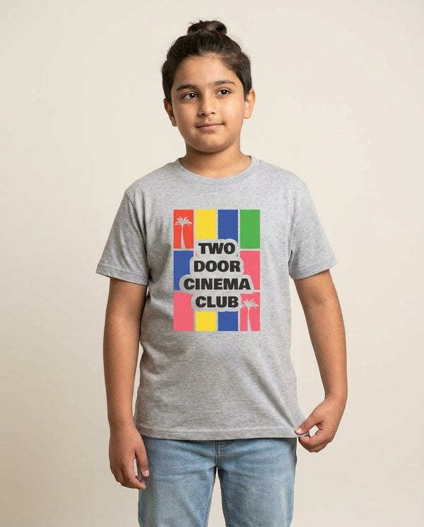 Two Door Cinema Club - Festival Kids T-Shirt — Grey Front, worn