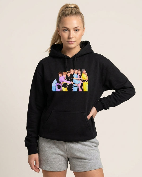 Colourful K-Pop Band Band Hoodie — Black Front, worn
