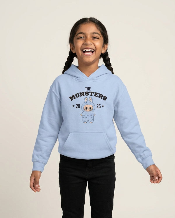Cute Monster 2025 Pink Kids Hoodie — Blue Front, worn