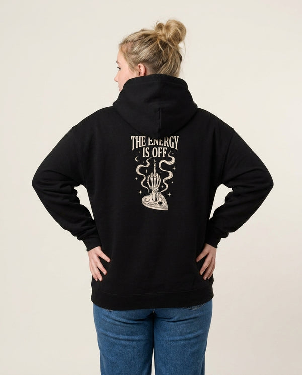 The Energy Is Off Hoodie — Black Back, worn