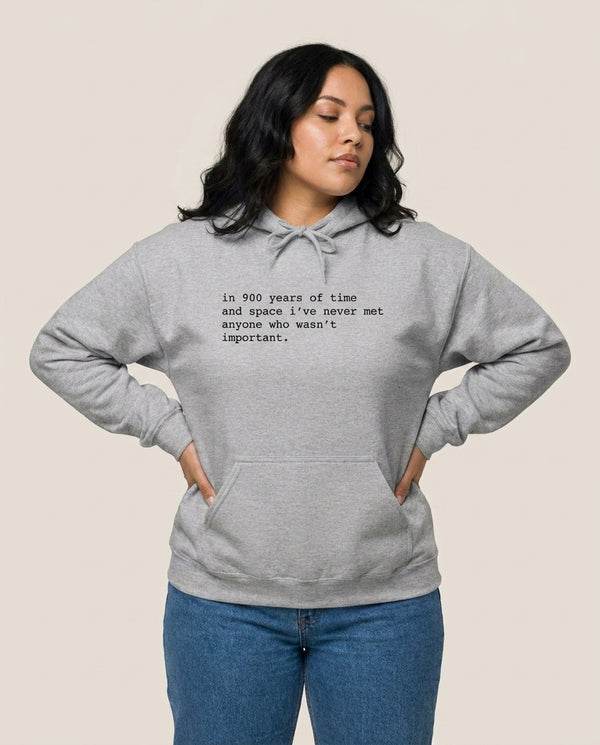 In 900 Years Hoodie — Grey Front, worn