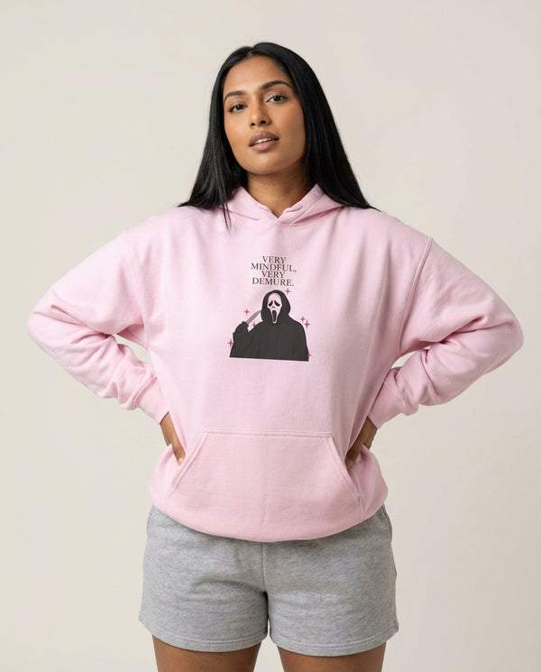 Very Mindful, Very Demure Hoodie — Pink Front, worn