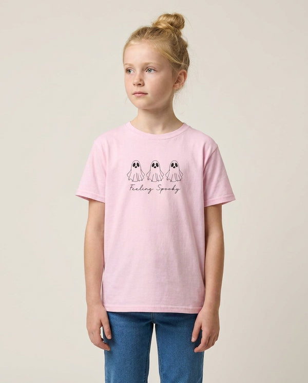 Feeling Spooky Ghosts Kids T-Shirt — Pink Front, worn