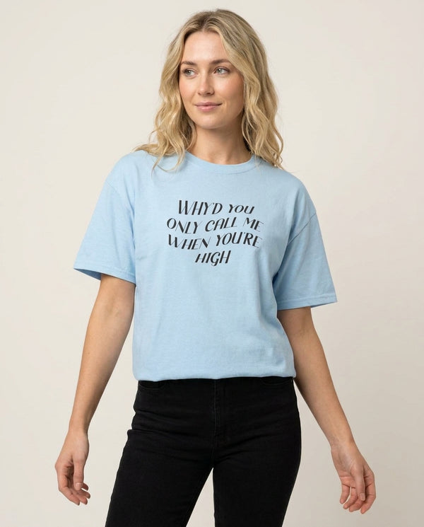 Call Me When You're High  T-Shirt — Blue Front, worn