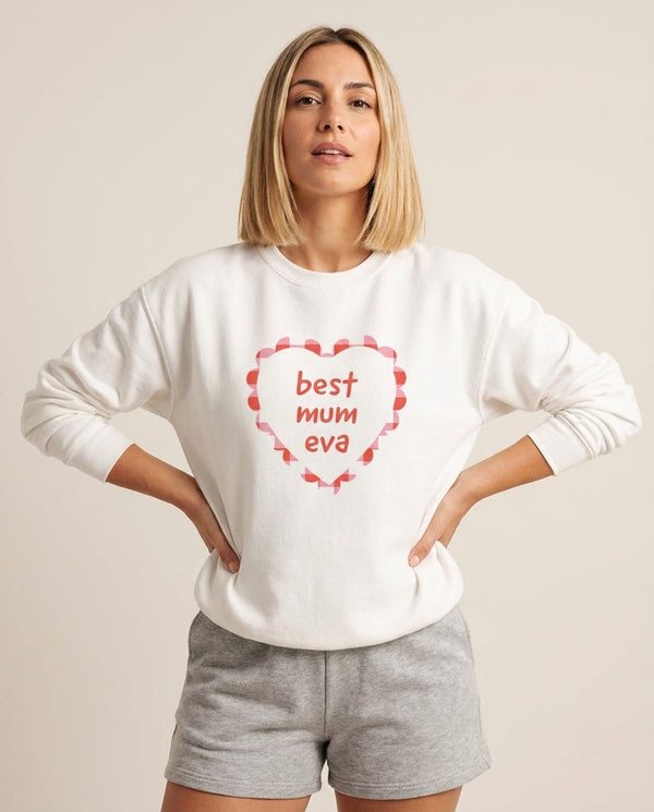 Best Mum Eva Sweatshirt — White Front, worn