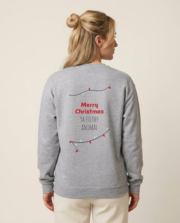 Merry Christmas Ya Filthy Animal Sweatshirt — Grey Back, worn