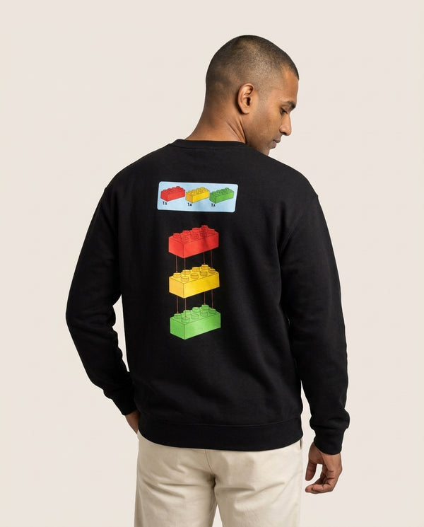 Bricks Instruction Set Sweatshirt — Black Back, worn