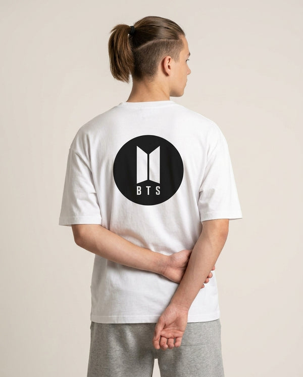 BTS logo Black - K Pop T-Shirt — White Back, worn