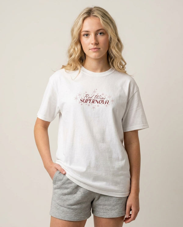 Red Wine Supernova T-Shirt — White Front, worn