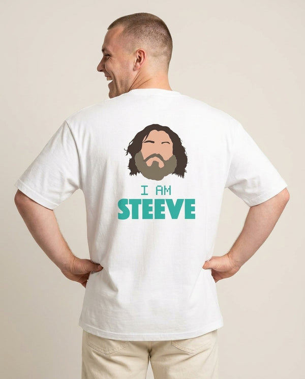Jack I Am Steve T-Shirt — White Back, worn