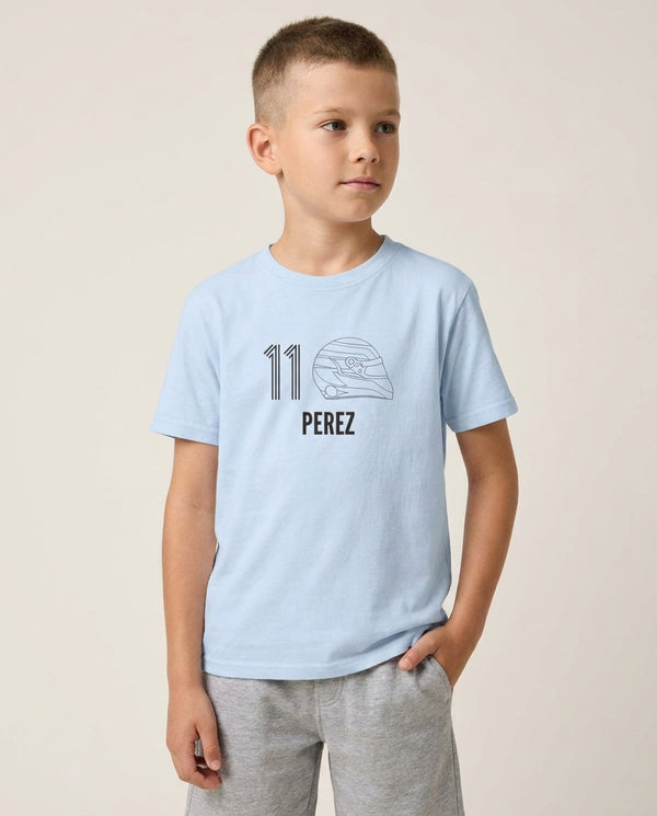 Perez Helmet 2026 Kids T-Shirt — Blue Front, worn