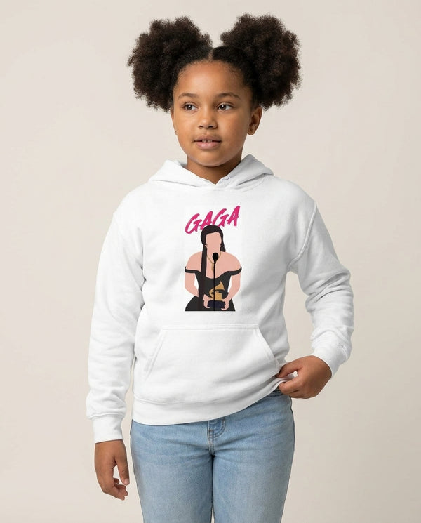 Gaga Award Kids Hoodie — White Front, worn