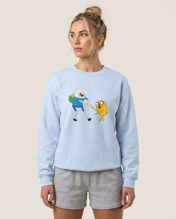 Jake The Dog And Finn The Human Sweatshirt — Blue Front, worn