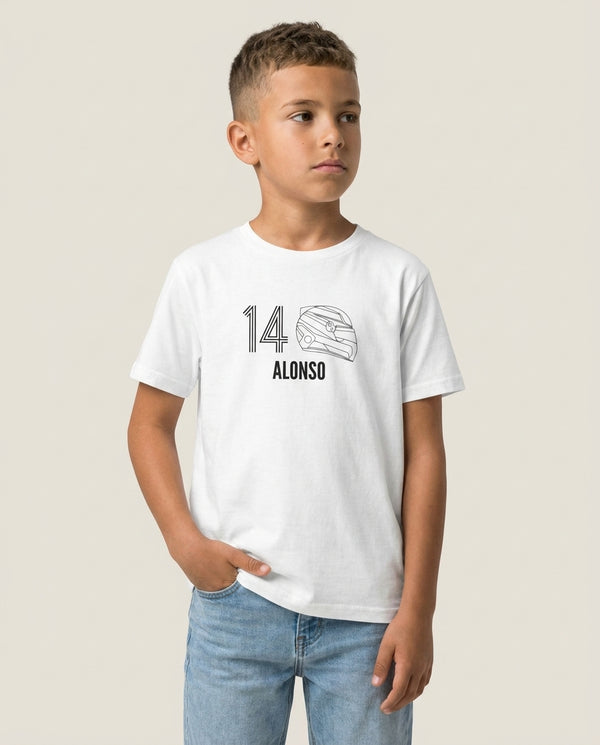 Alonso Helmet 2026 Kids T-Shirt — White Front, worn