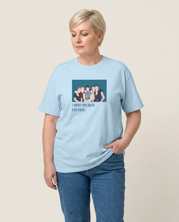 I Want You Back T-Shirt — Blue Front, worn