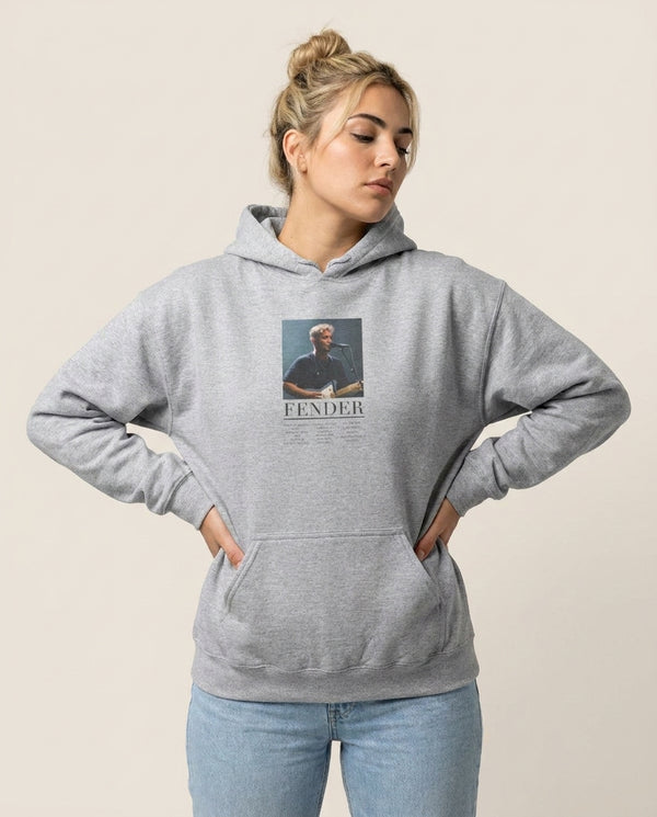 Fender Orange Song List Hoodie — Grey Front, worn