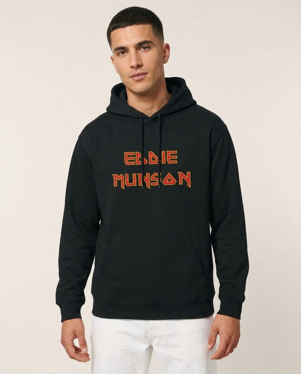 Eddie Munson Text Hoodie — Black Front, worn