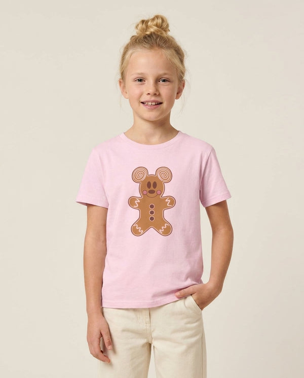 Cartoon Mouse Gingerbread Kids T-Shirt — Pink Front, worn